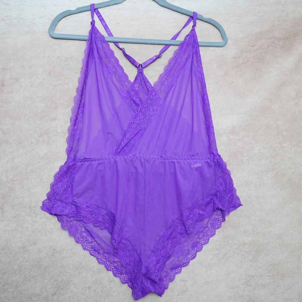 Purple Sheer Lace Teddy Bodysuit L